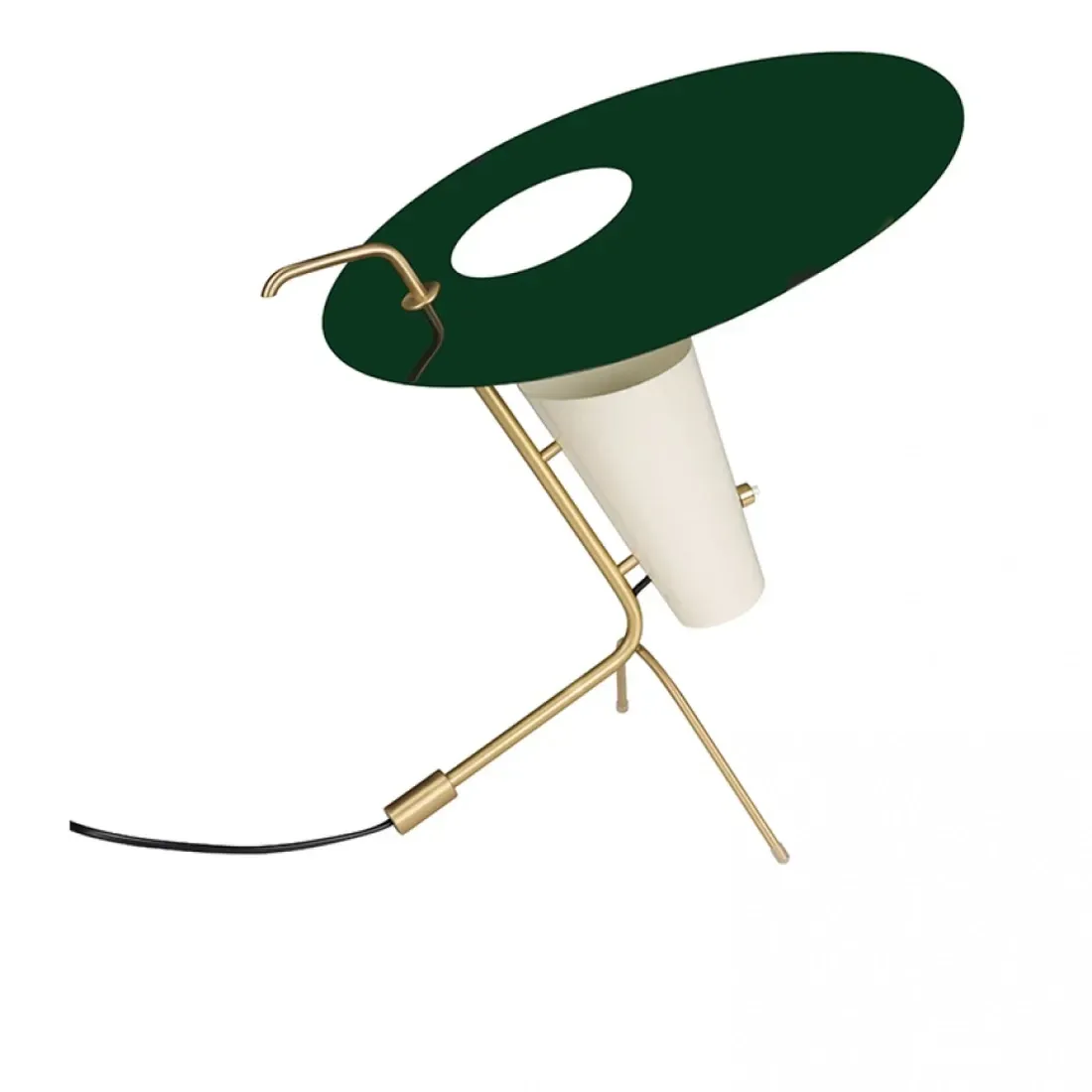 Bordlampe med grønn skjerm og off-white base, støttet av gullfargede ben.
