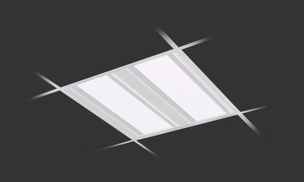 Hvit taklampe innfelt i et mørkt tak, med korsformede støtter.
