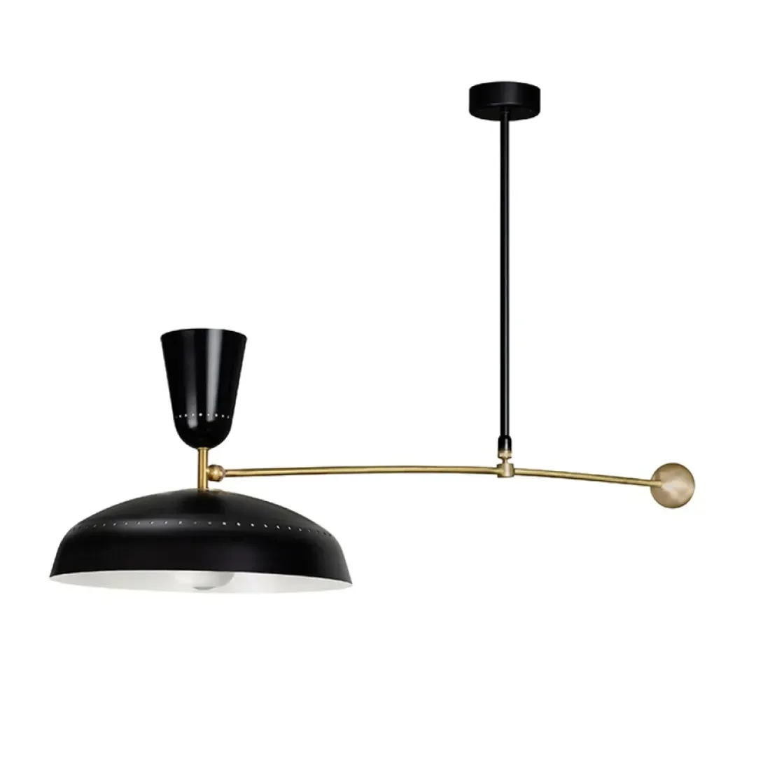 Svart og gullfarget pendellampe med asymmetrisk design, kuppelskjerm og justerbar arm.
