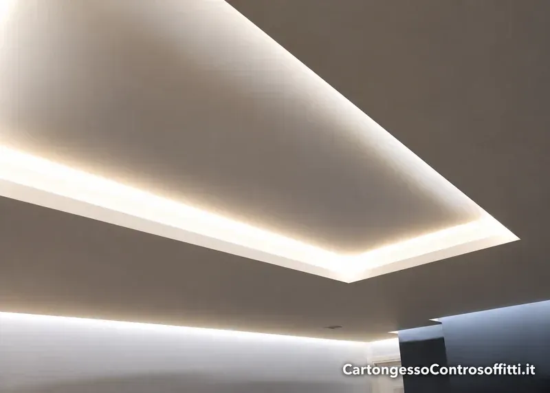 Controsoffitto in cartongesso con velette e illuminazione indiretta lungo il perimetro.
