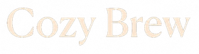&ldquo;Cozy Brew&rdquo; logo in pale beige serif text on a white background