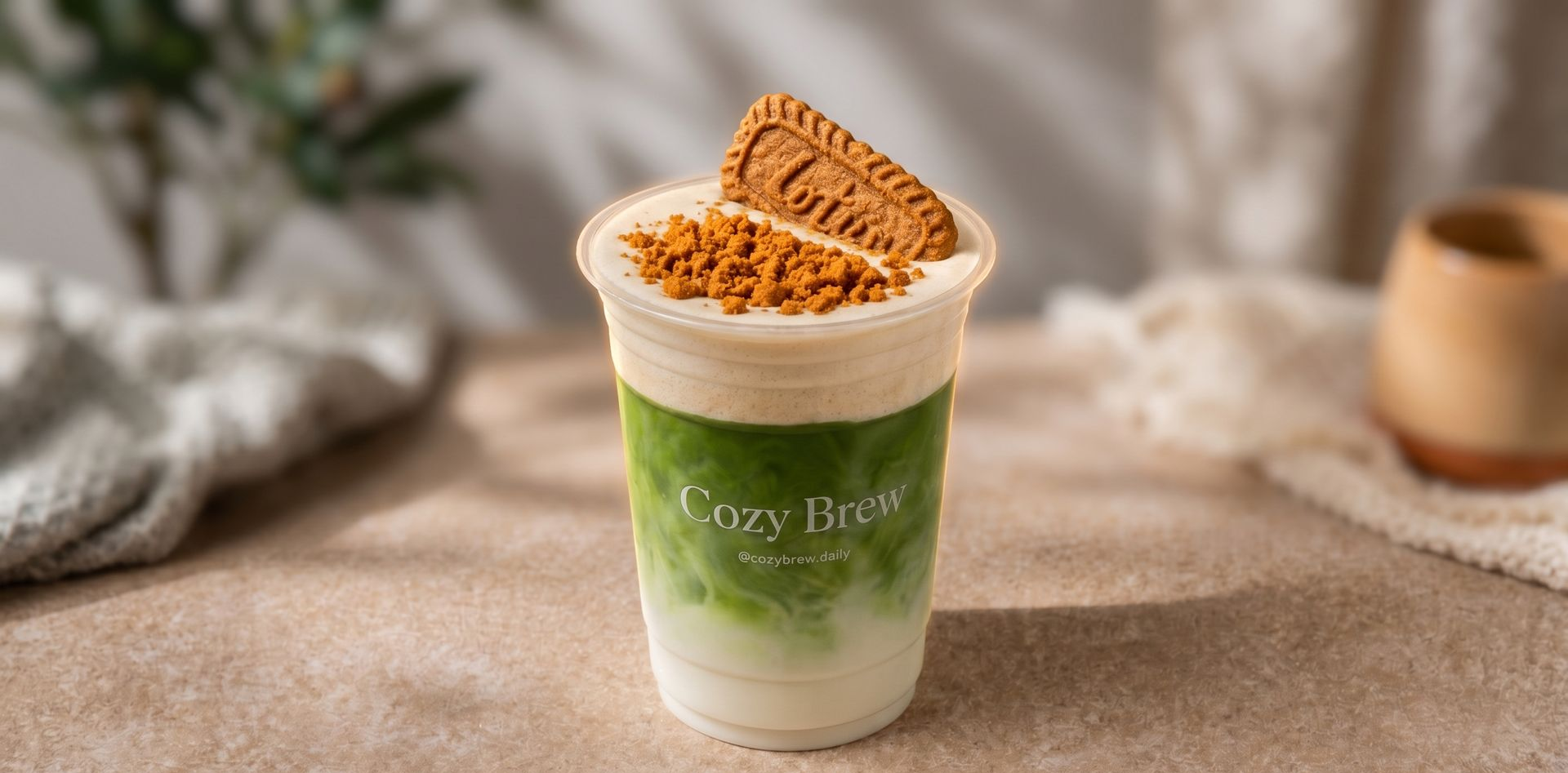 Green tea dessert cup topped with crunchy cereal on a beige tablecloth
