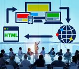Business presentation: Man pointing at a globe, surrounded by screens and HTML code, people in a meeting.