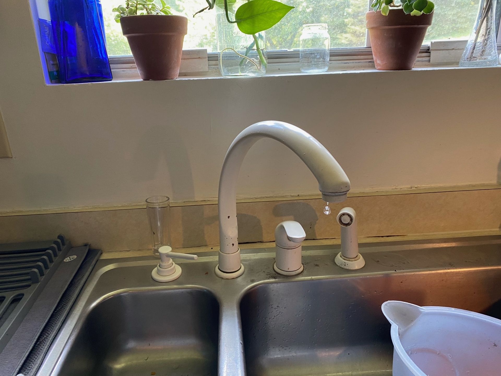 Kitchen sink with white faucet beneath a window, potted plants on the sill, and dishes at the right.