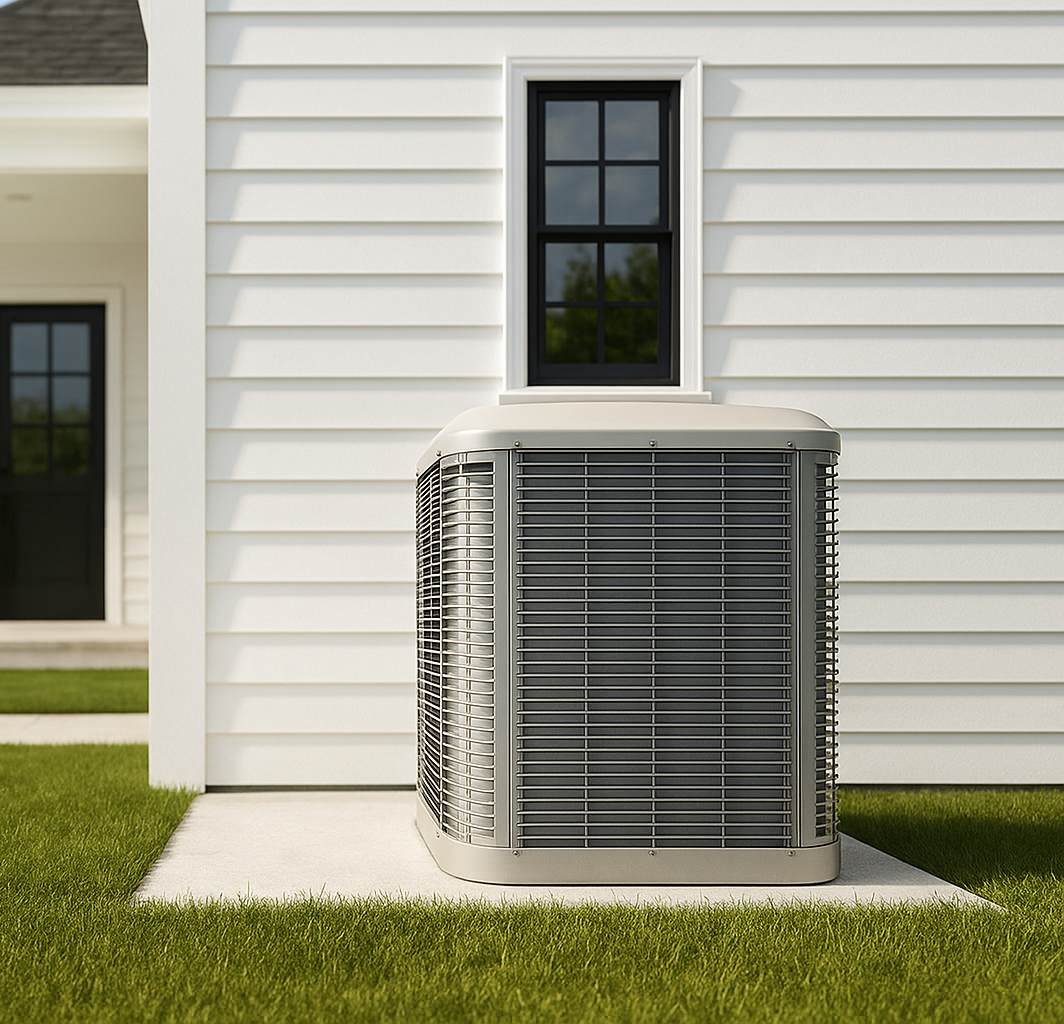 An air conditioner is sitting on the side of a white house.