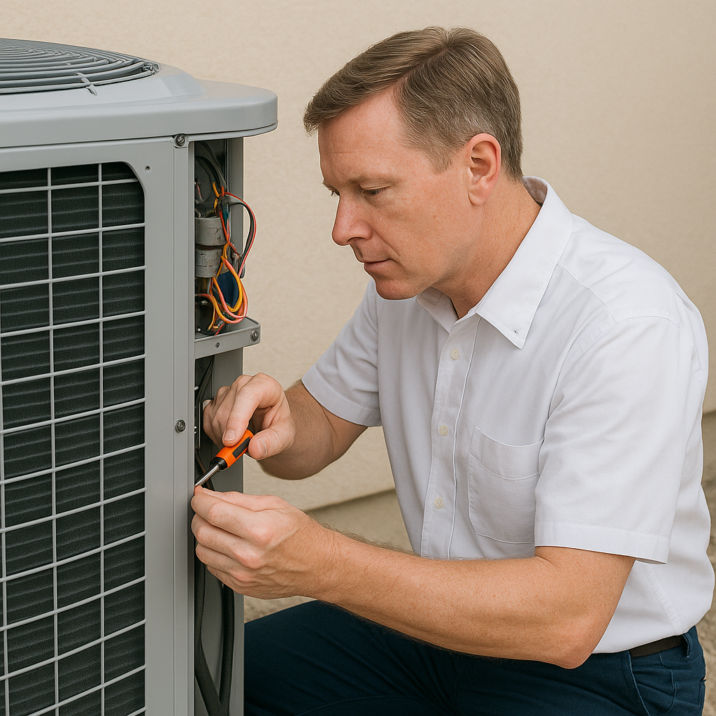 A man is working on an air conditioner with a screwdriver.
