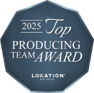 2025 Top Producing Team Award badge in blue-gray with “Location” at the bottom