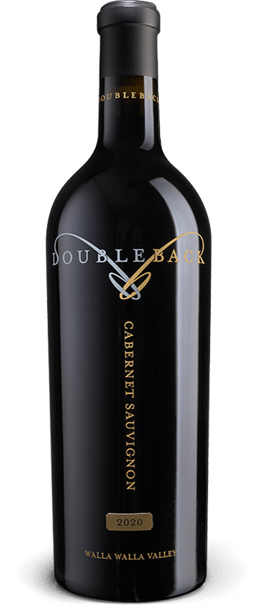 Black wine bottle labeled “Double Barrel Cabernet Sauvignon” with gold lettering on a white background