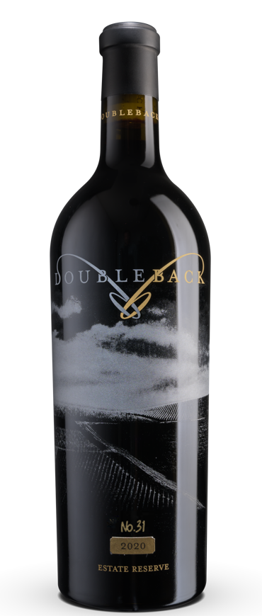 Black wine bottle with a white wave design and gold label on a white background