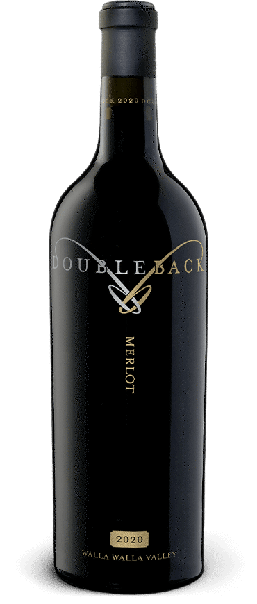 Black Doubleback wine bottle with gold lettering on a white background