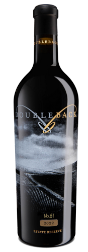 Black Doubleback wine bottle with gold label and white abstract wave design on a dark background
