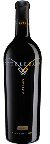 Black wine bottle labeled “Doubleback” with a gold logo and text on a plain background