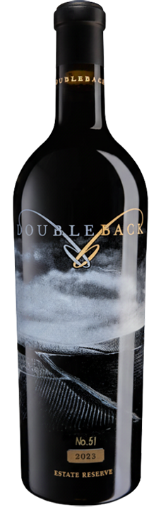 Black bottle of Double Back wine with silver label and snowy mountain design