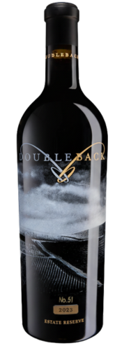 Black bottle of Double Back wine with silver label and snowy mountain design