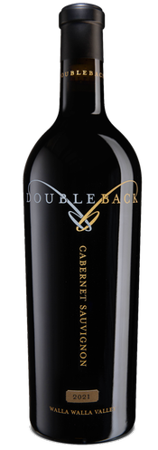 Black bottle of Doubleback Cabernet Sauvignon with gold lettering on a white background
