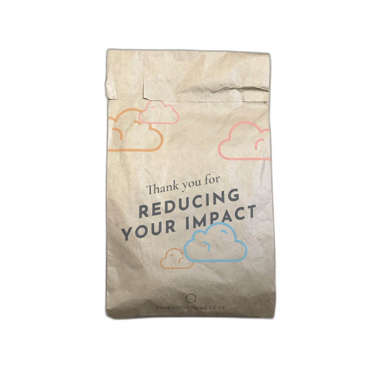 A brown paper bag that says thank you for reducing your impact