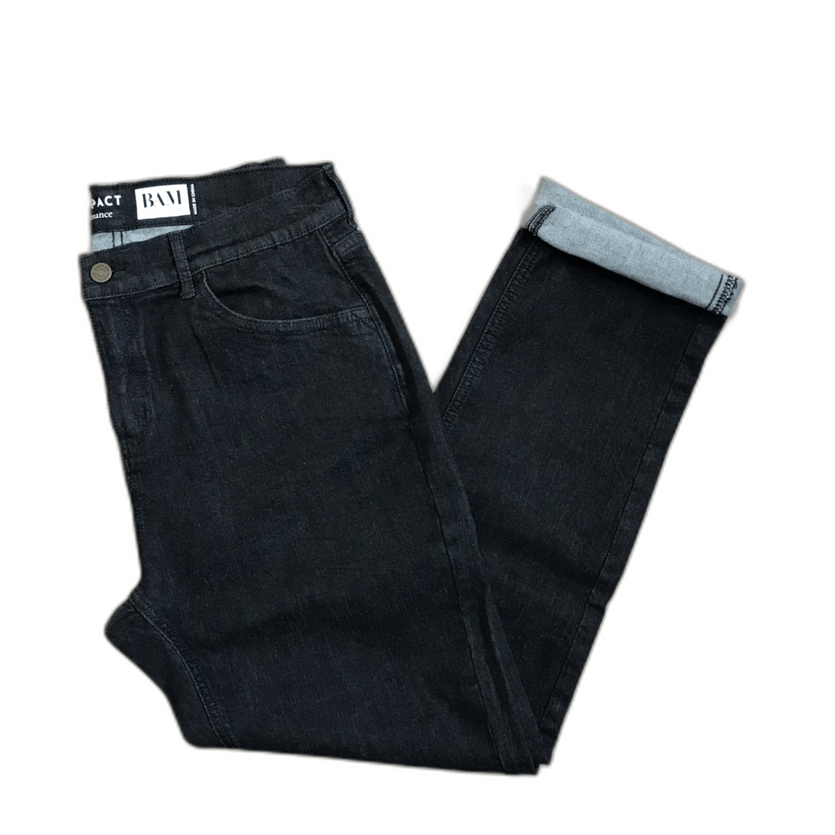 A pair of black jeans made from bamboo and organic cotton with a label that says ' BAM ' on it