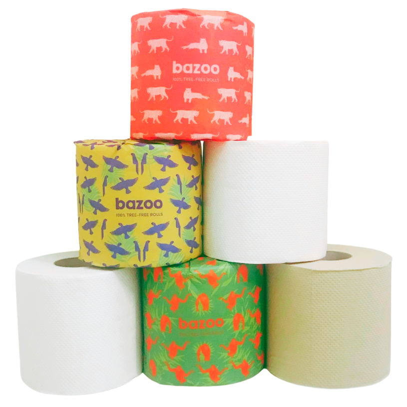 Several rolls of bazoo toilet paper are stacked on top of each other