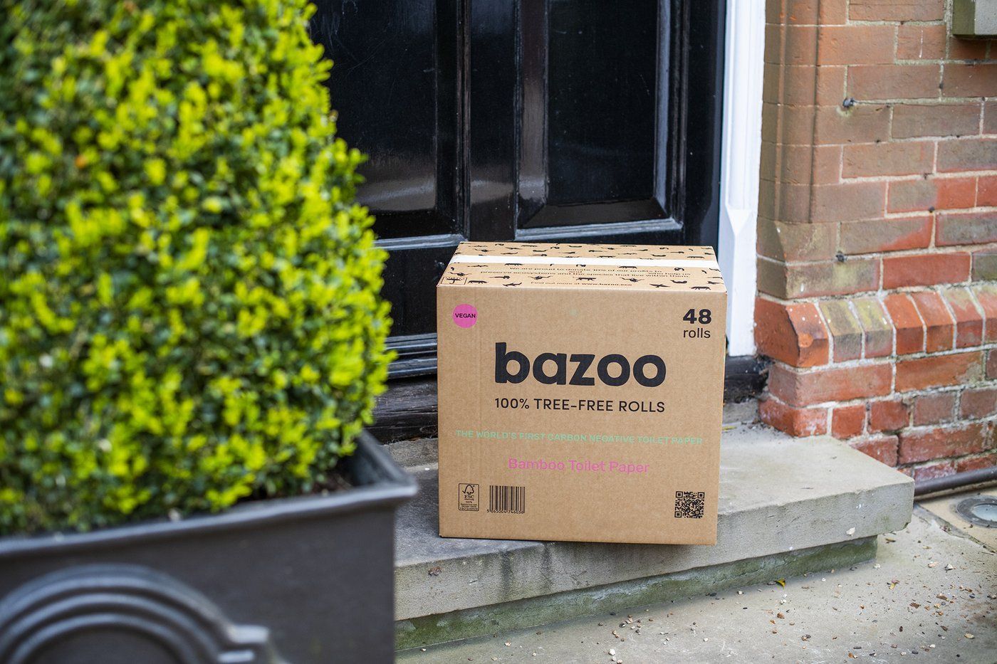 A cardboard box with the word 'bazoo 100% tree-free rolls' on it
