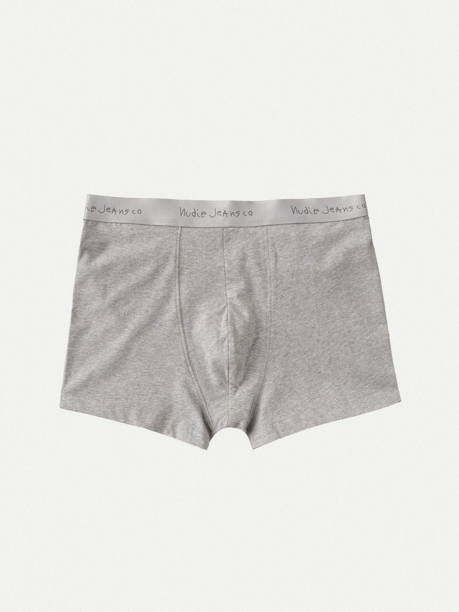 A pair of grey boxer briefs on a white background