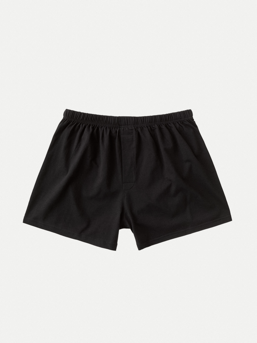 A pair of black boxer shorts on a white background.