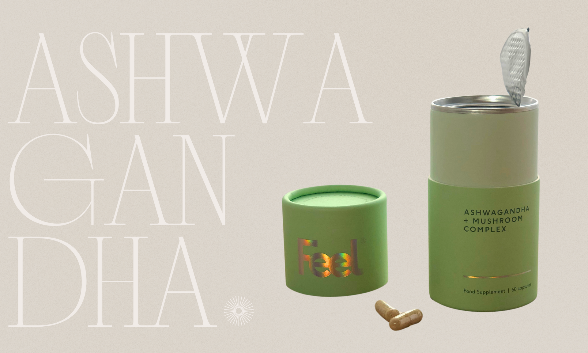 A pot of Feel ashwagandha and mushroom supplement capsules