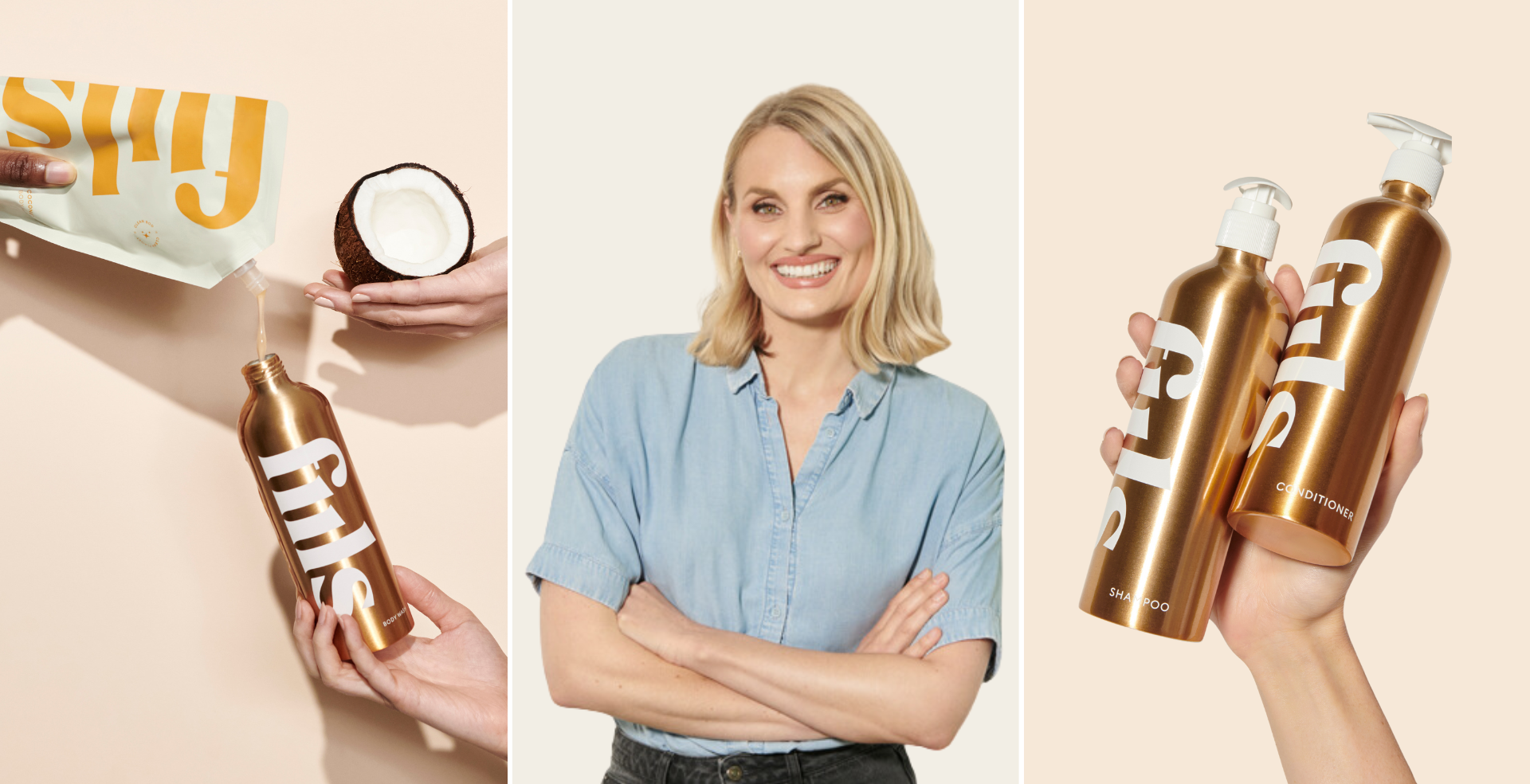 Anna Priadka, Fiils Founder with Fiils shampoo and a coconut.