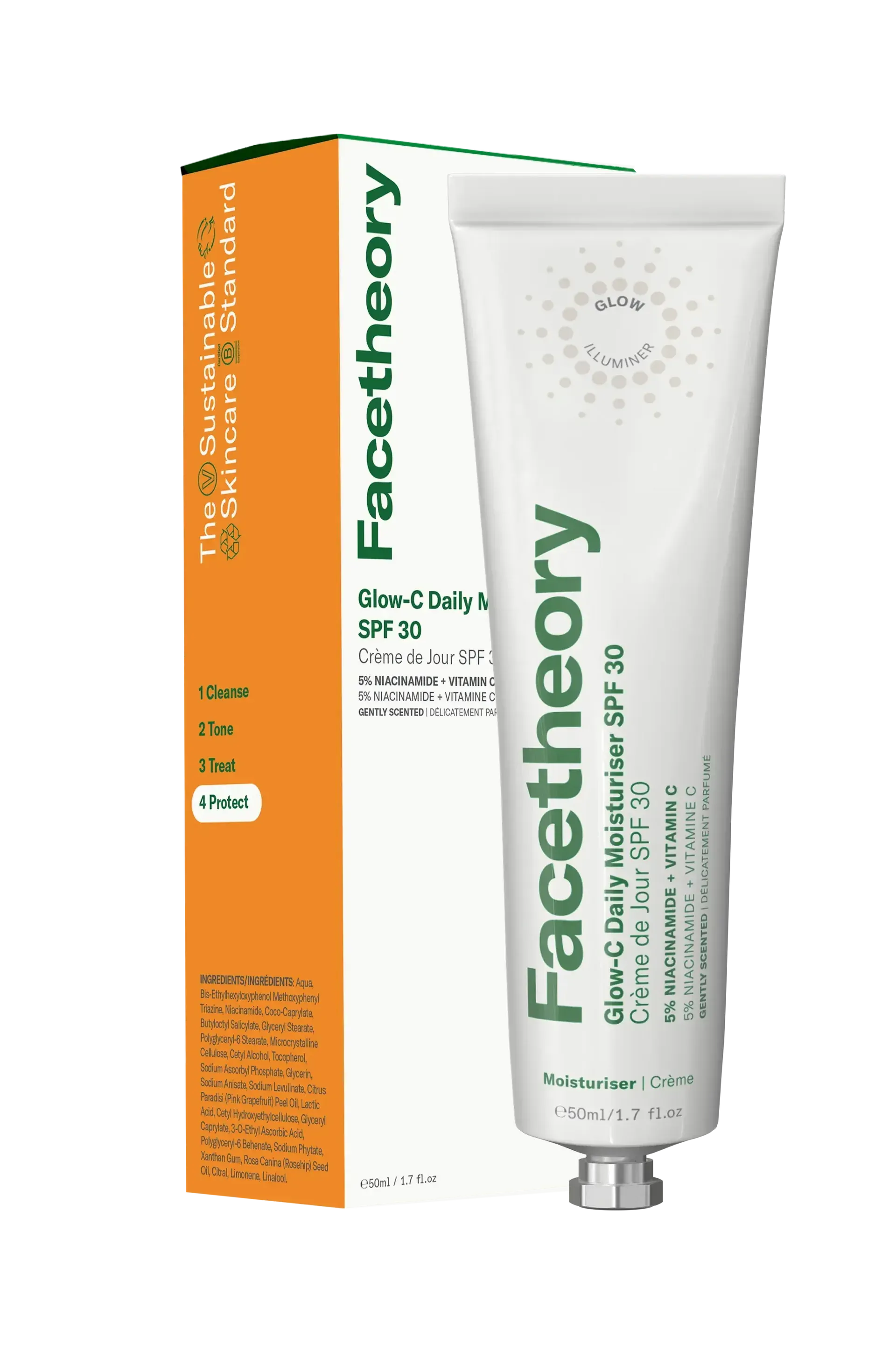 A tube of facetheory sunscreen next to a box.