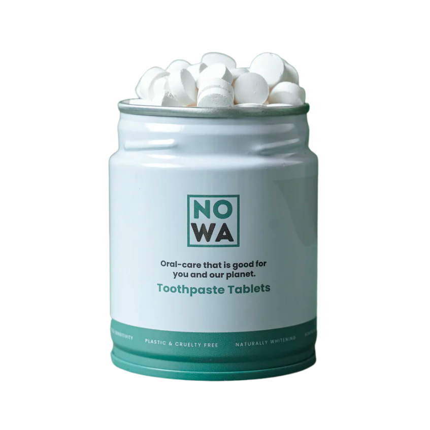 A jar of nowa toothpaste tablets on a white background