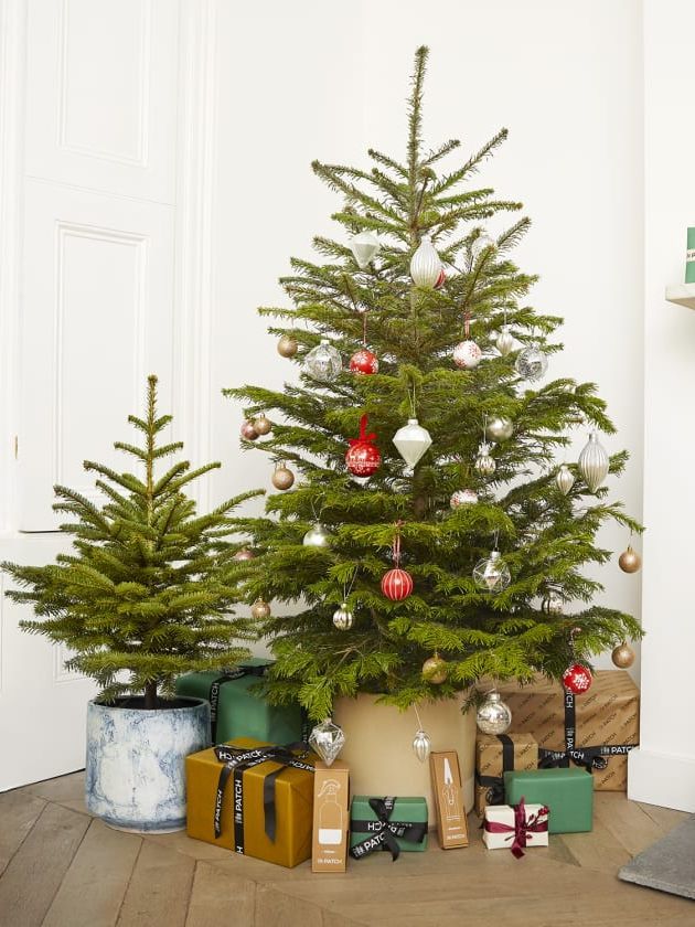 A christmas tree with gifts underneath it in a room.