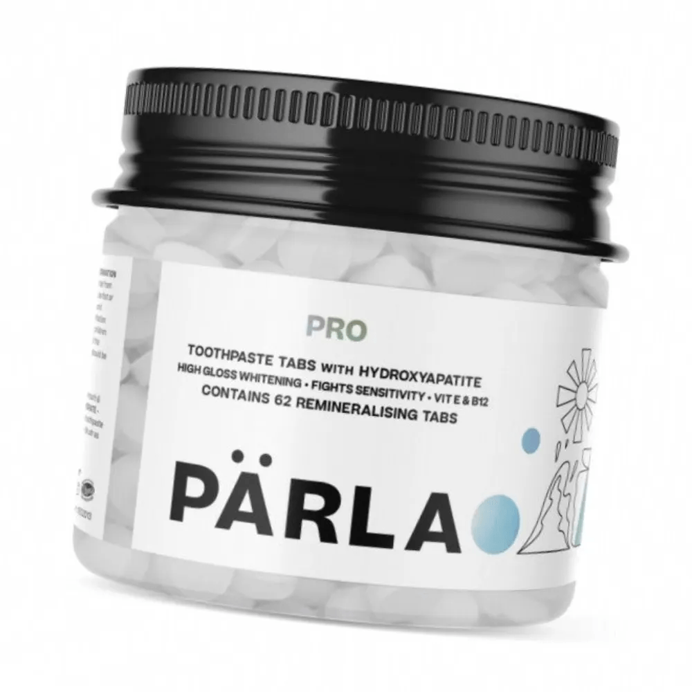 A jar of parla pro toothpaste tabs with hydrokyapatite