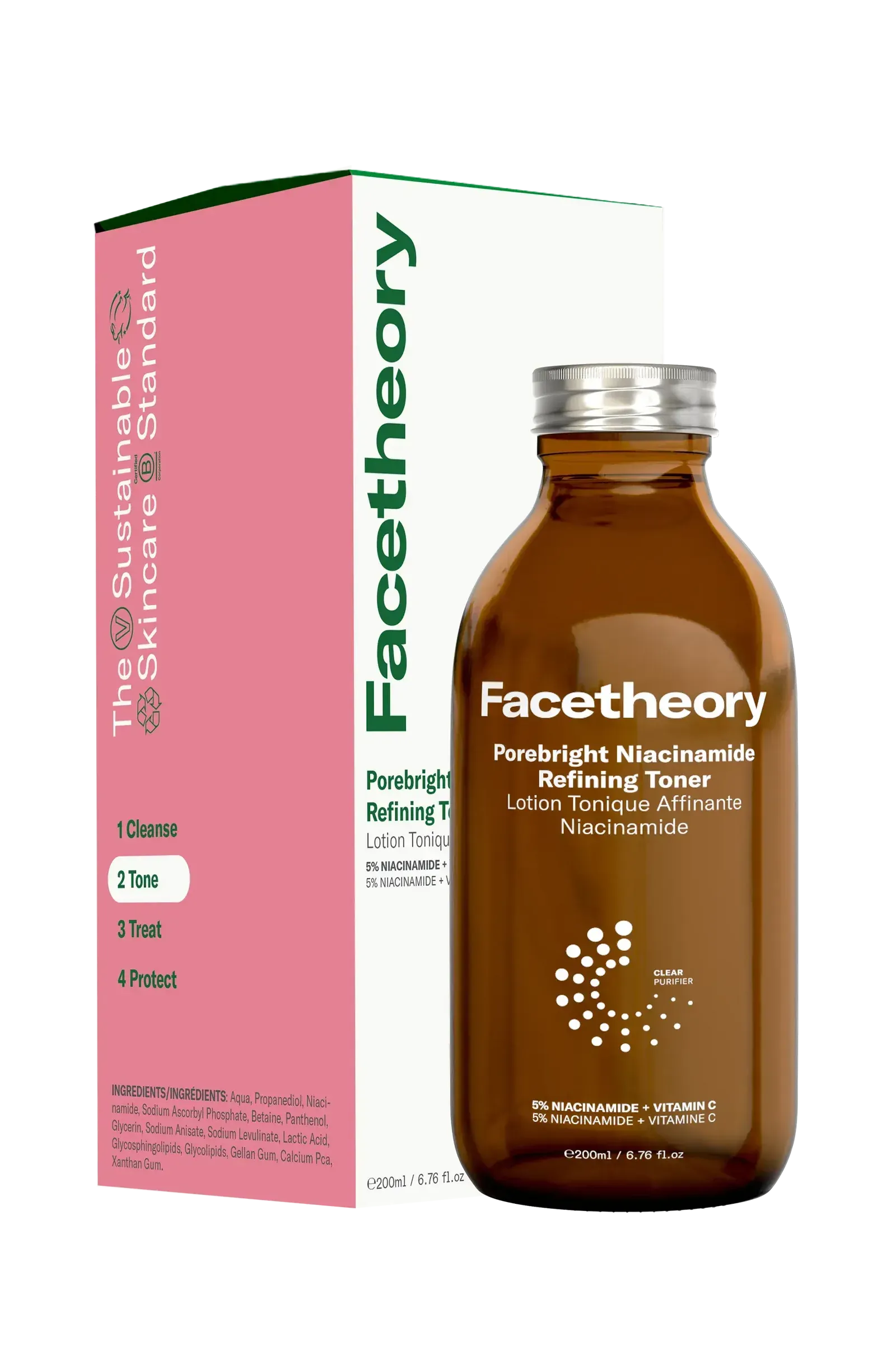 A bottle of facetheory next to a box on a white background.