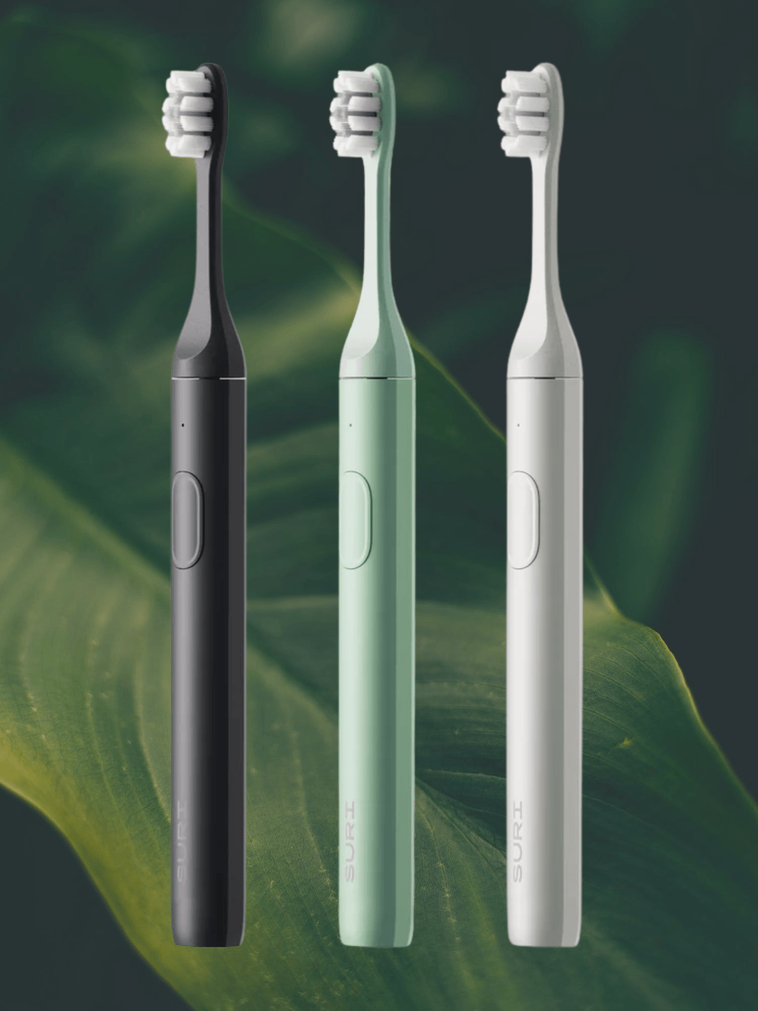 three electric toothbrushes are sitting next to each other on a green leaf .