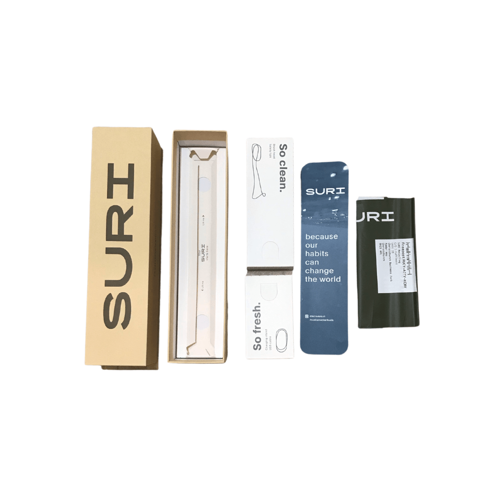 a box with the word suri on it is sitting on top of a table .