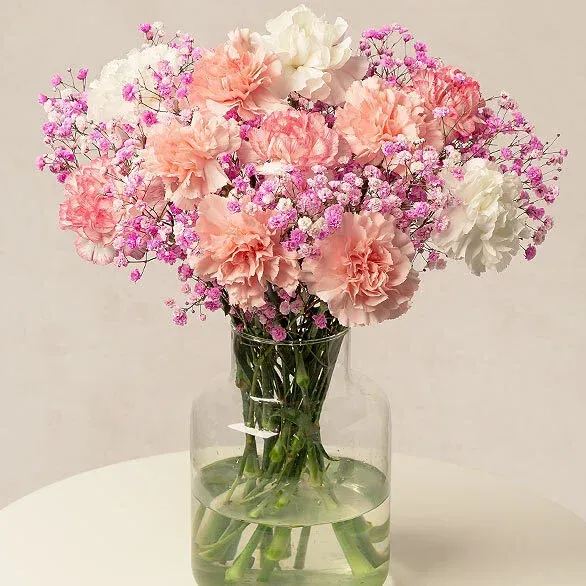 A vase filled with pink and white flowers is sitting on a table.