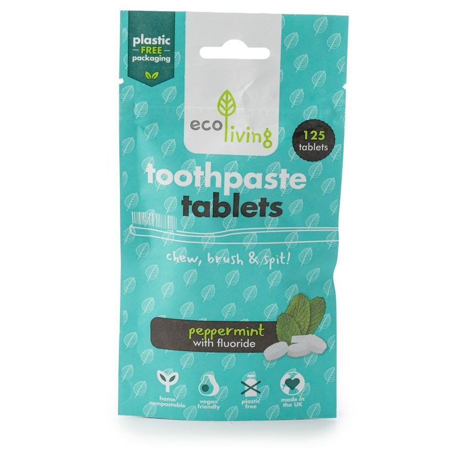 A bag of ecoliving peppermint toothpaste tablets with fluoride