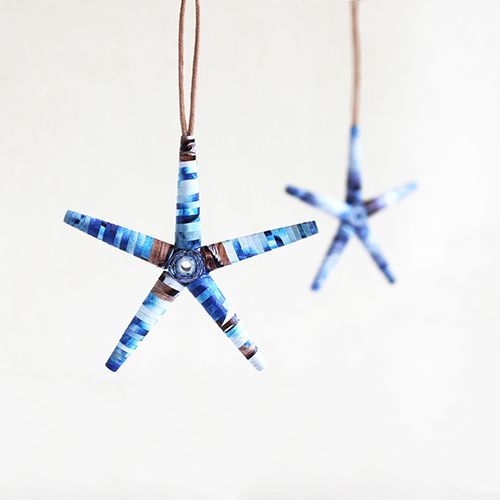 Two blue stars are hanging from a string on a white background.