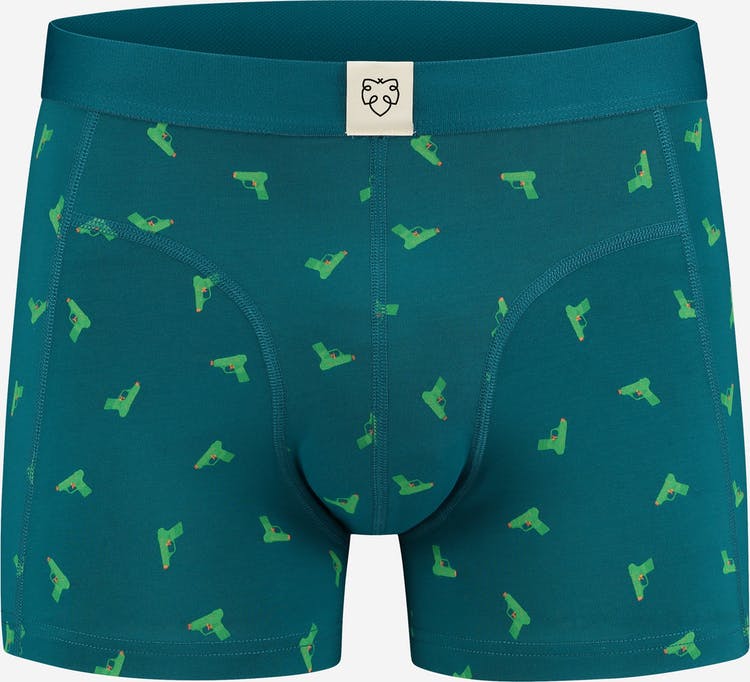 A pair of blue boxer briefs with green triangles on them