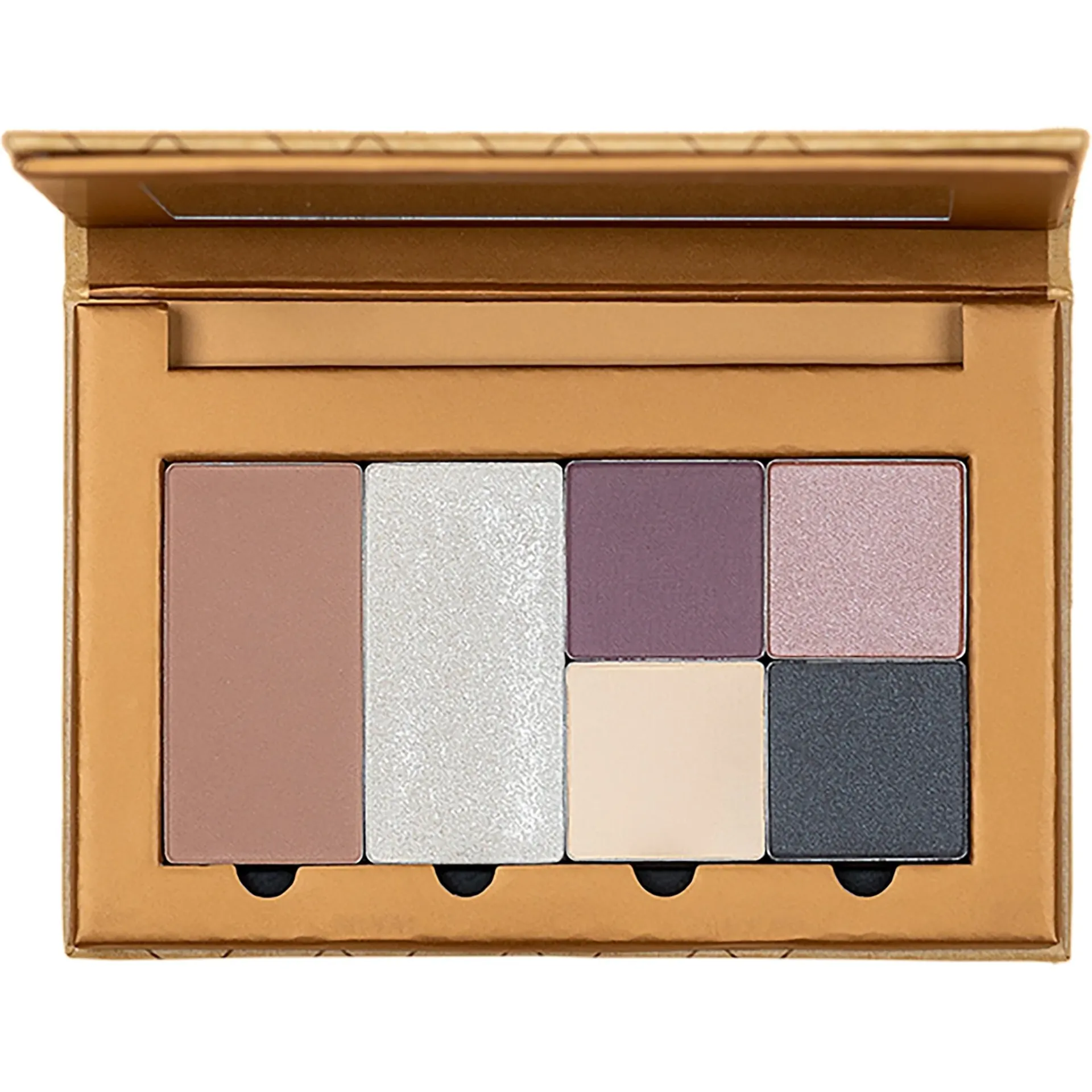 A palette of eye shadows in a gold box