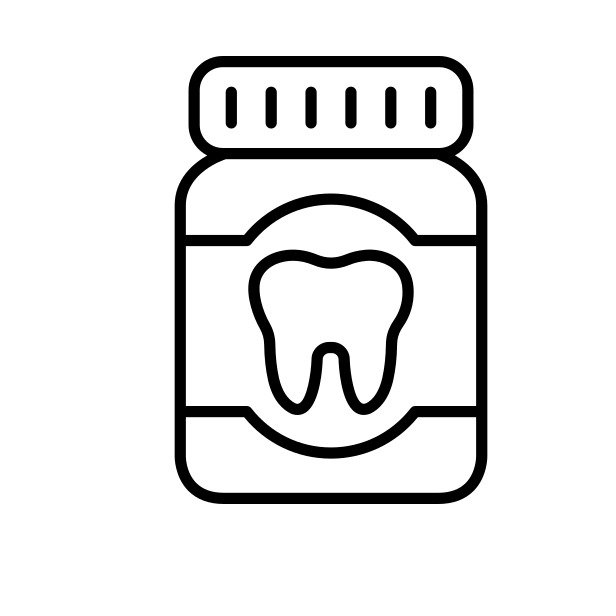 A line drawing of a jar of toothpaste with a tooth on it.