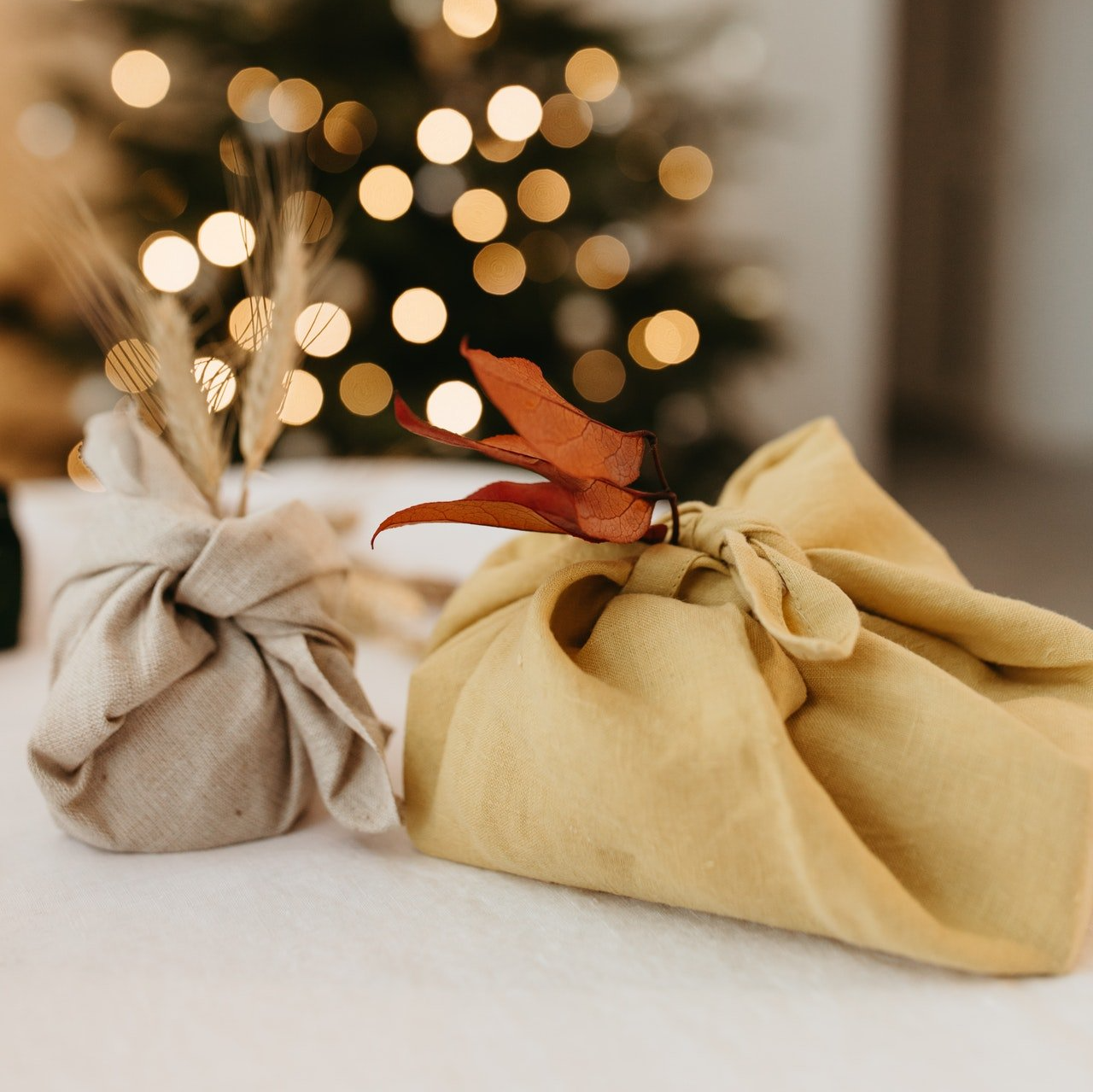 fabric wrapped Christmas presents