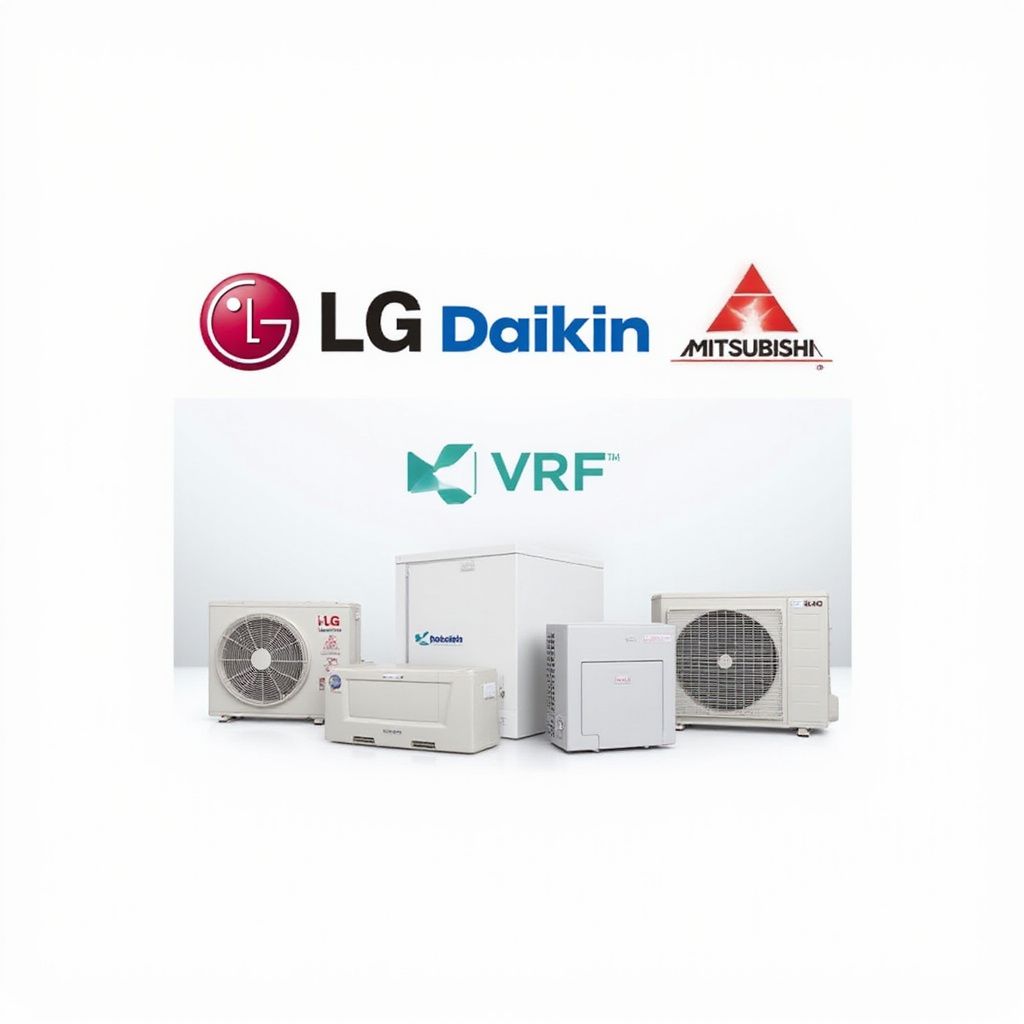 Logos of LG, Daikin, and Mitsubishi with VRF system equipment.
