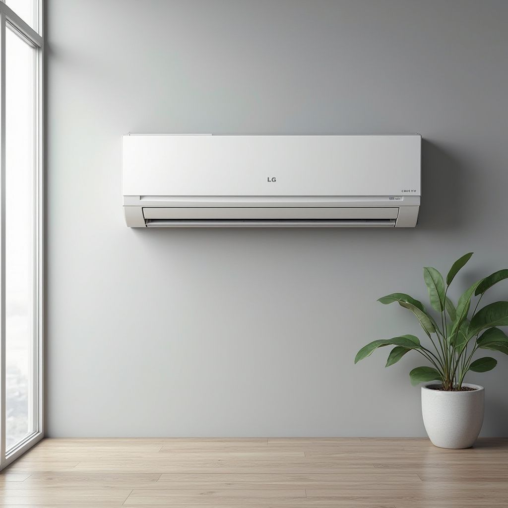 White air conditioner mounted on a gray wall above a potted plant, next to a window.