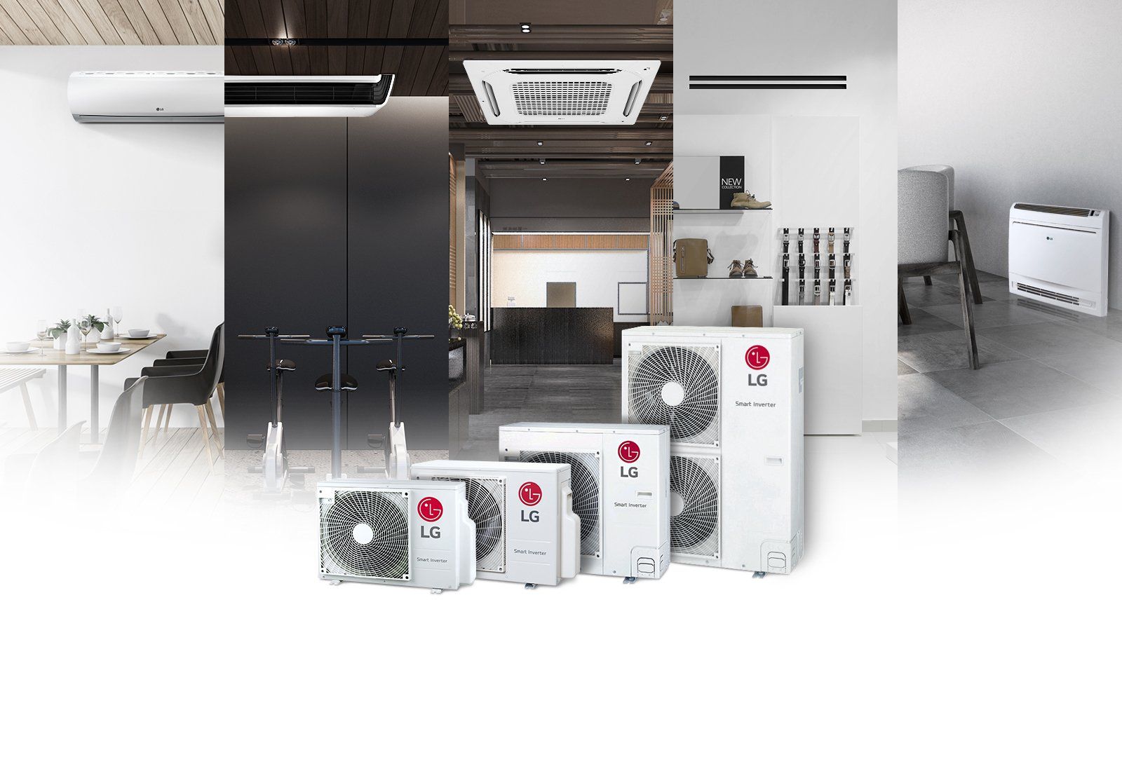 LG air conditioning systems and indoor units in various settings with white and black design elements.