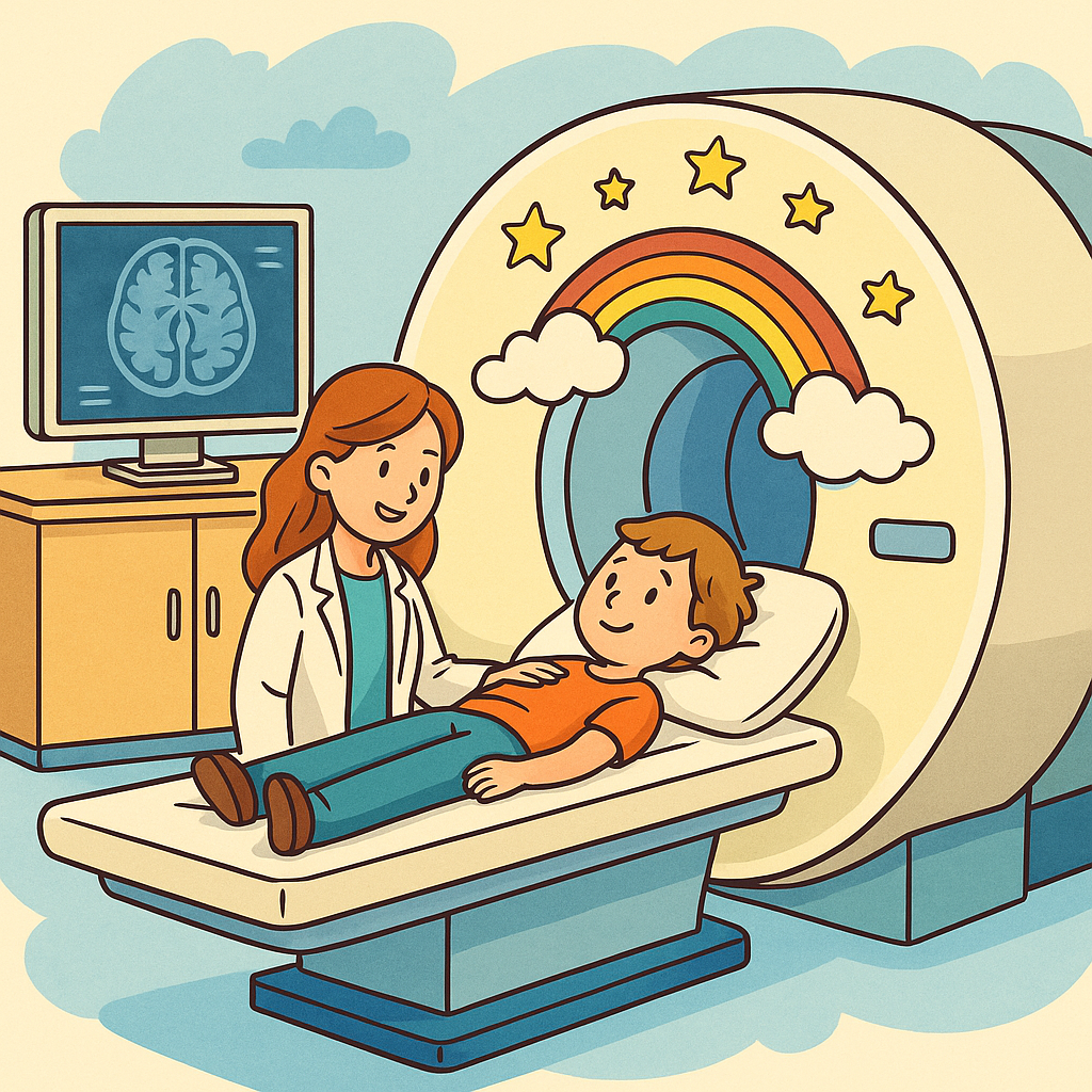 Un enfant passe une IRM, réconforté par un professionnel de santé. L'appareil est décoré d'un arc-en-ciel.