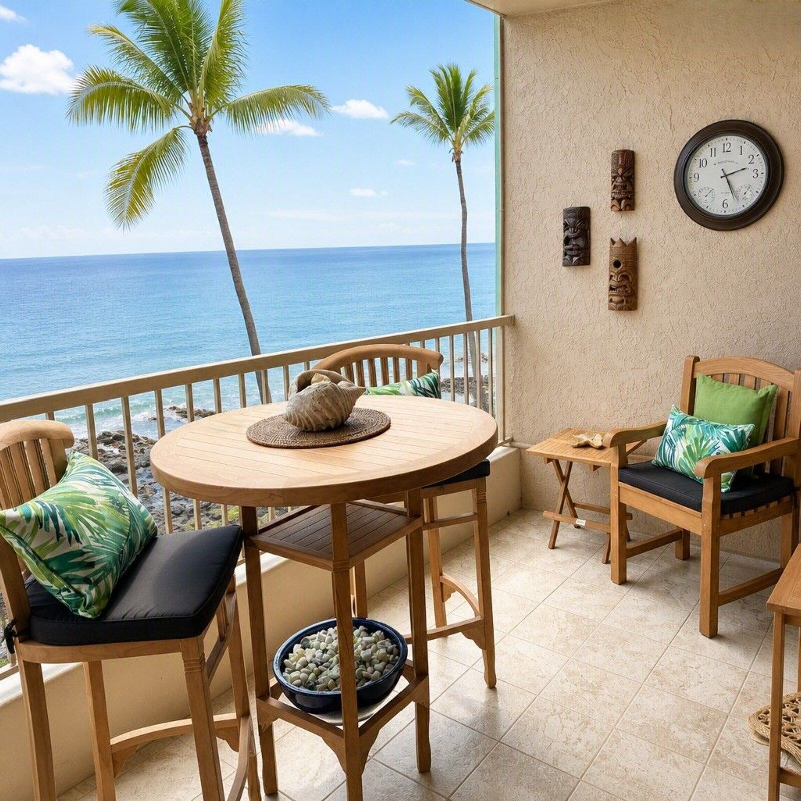 D24 lanai with bar table, lounge chair and ocean view