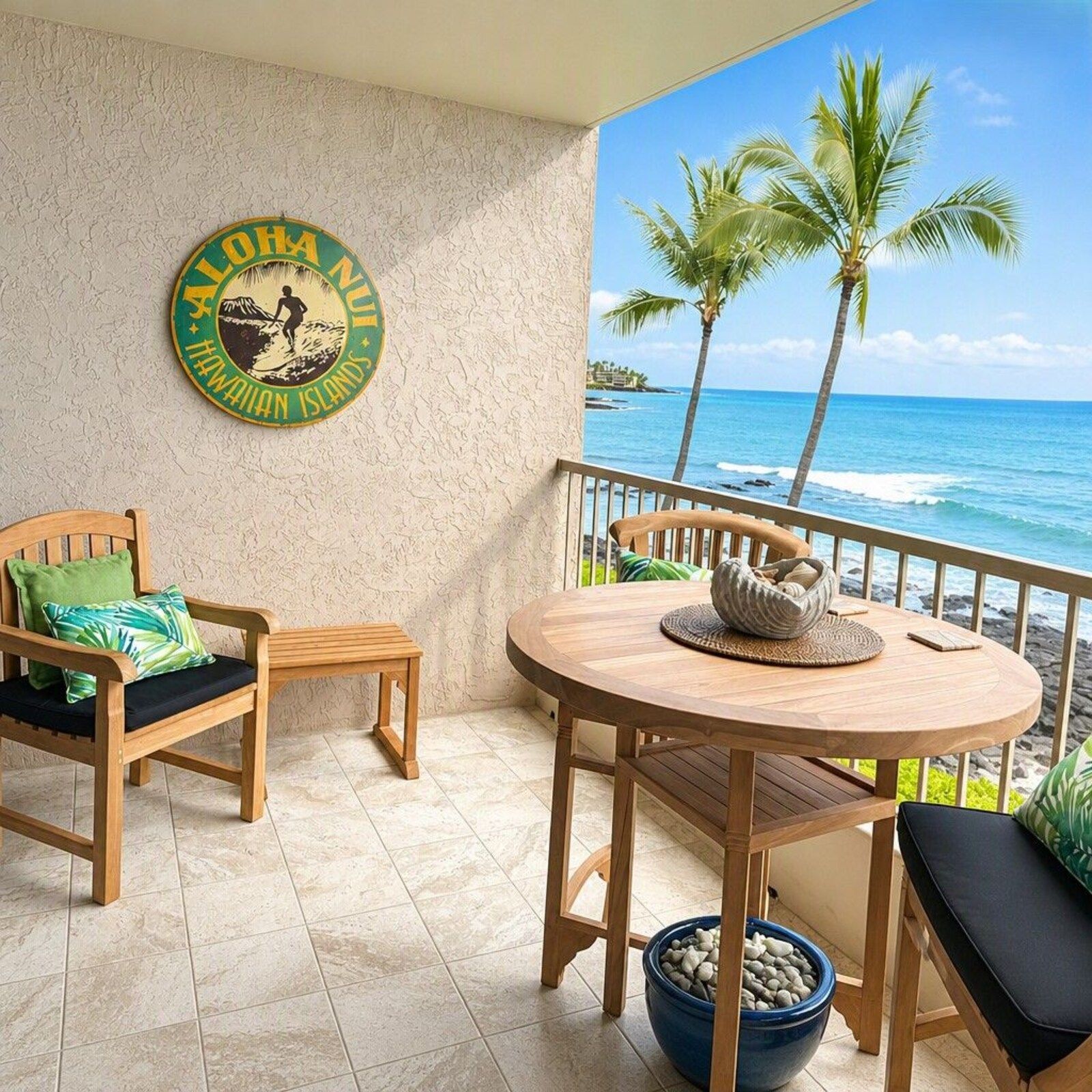 Tropical ocean-view patio with wicker chairs, round table, and palm trees overlooking the beach.