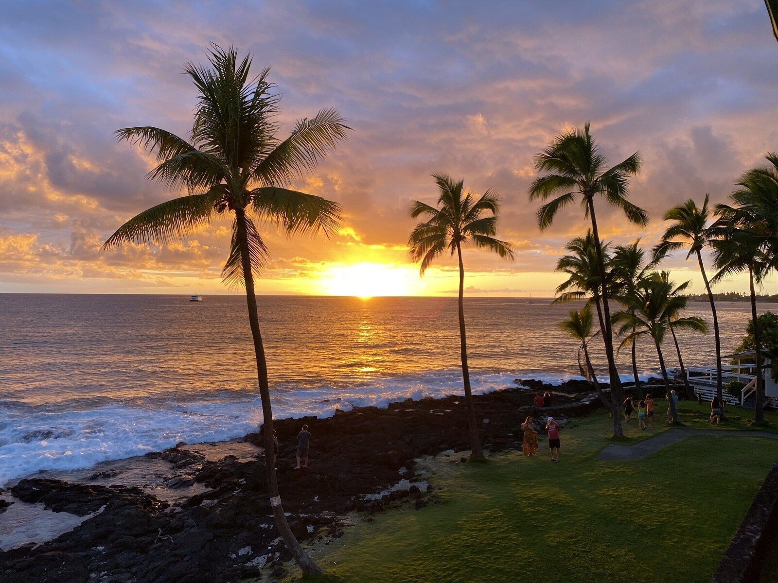 Sunset over the rocky shoreline with palm trees
