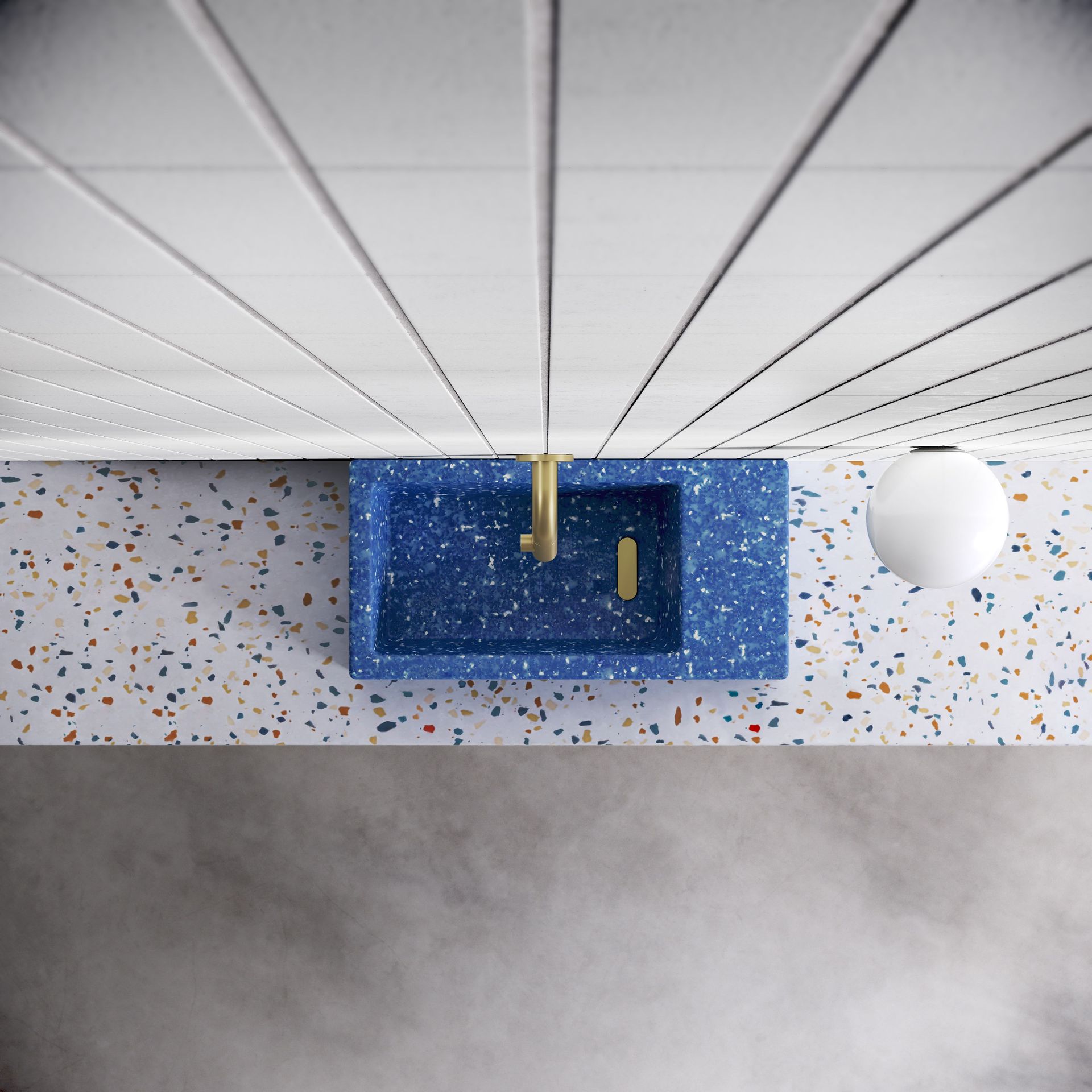 Une salle de bain avec un lavabo bleu et un plafond blanc.