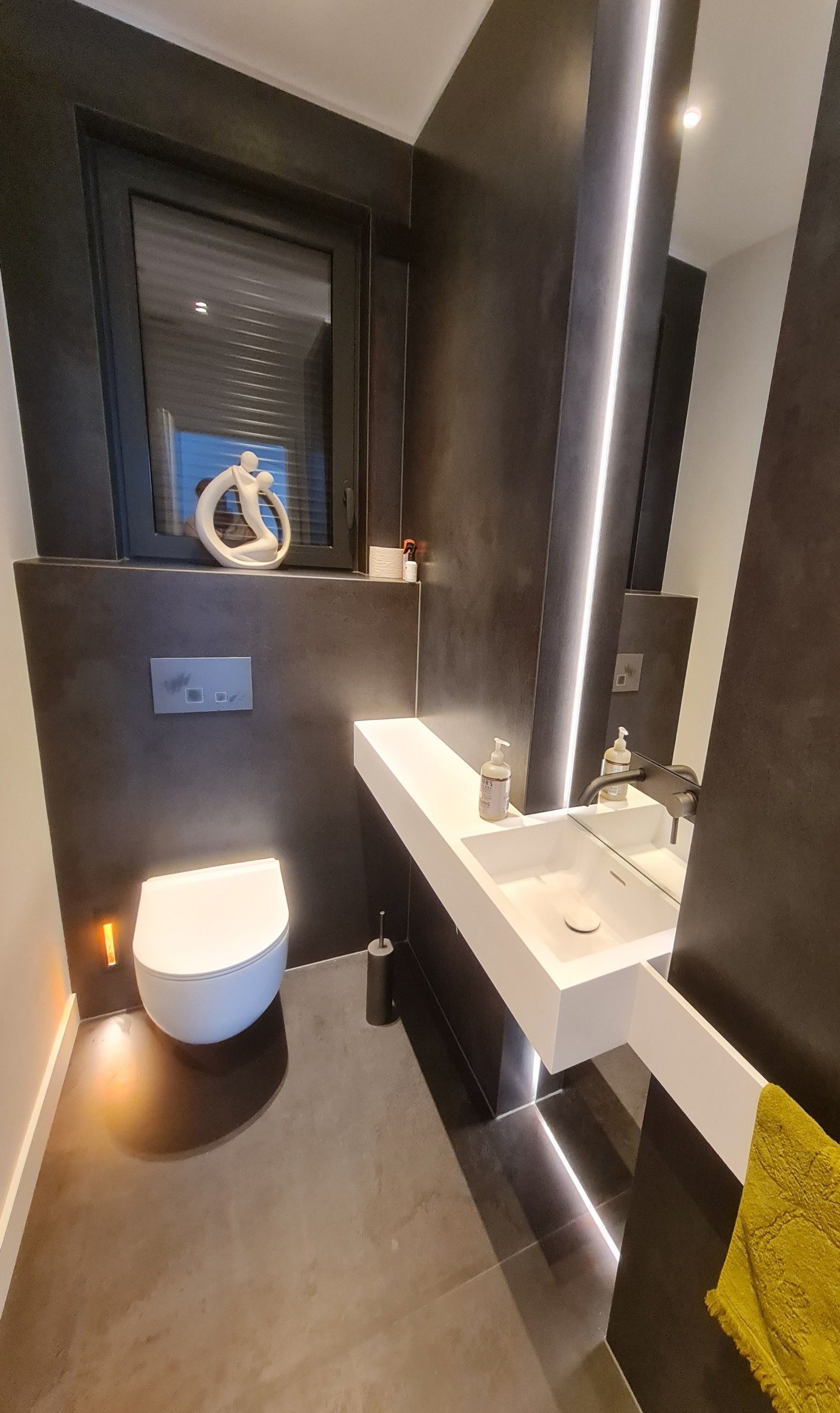 Une salle de bain avec WC, lavabo et miroir.